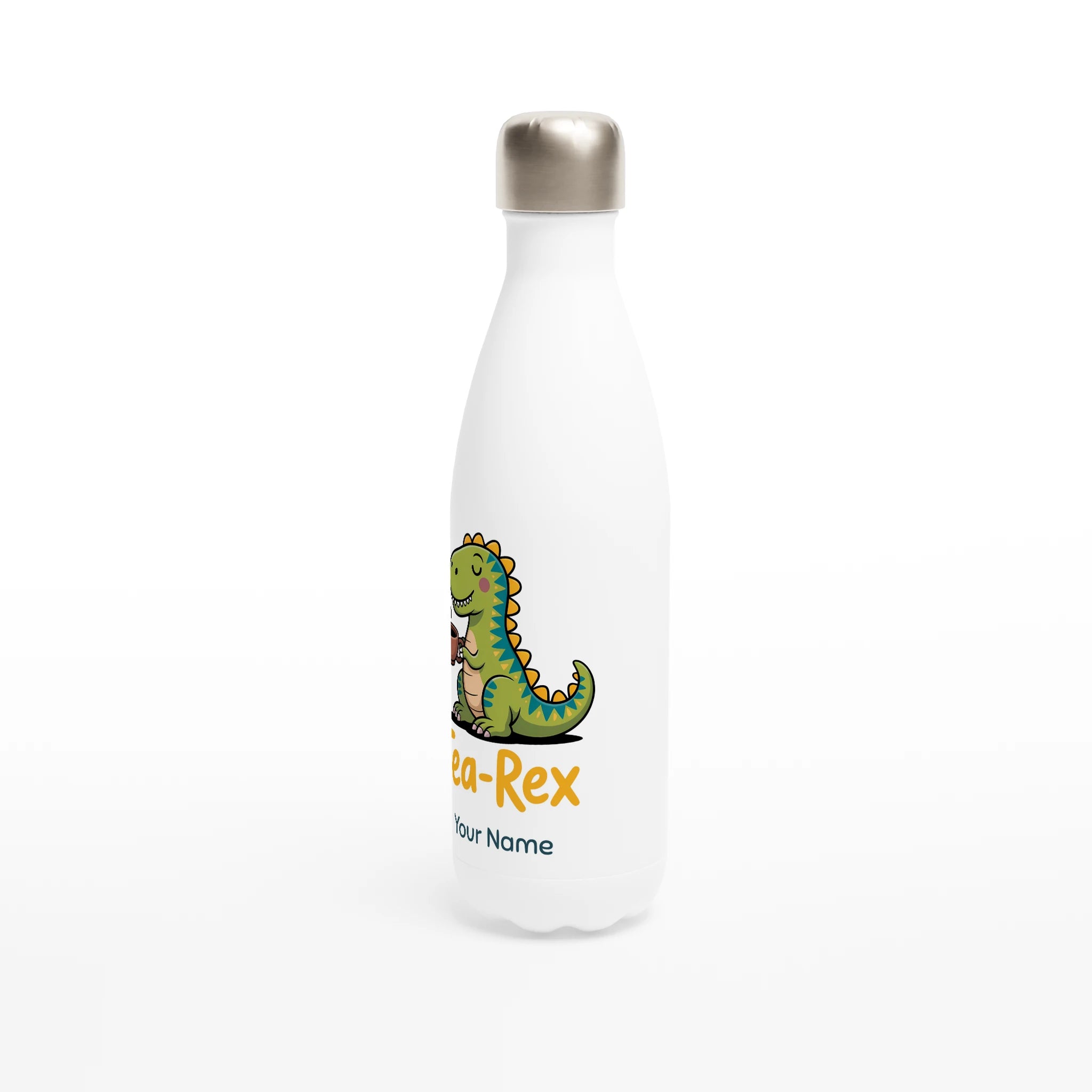 Personalised - Tea-Rex, Tea Drinking Dinosaur - White 17oz Stainless Steel Water Bottle Personalised Water Bottle Globally Fulfilled Tea