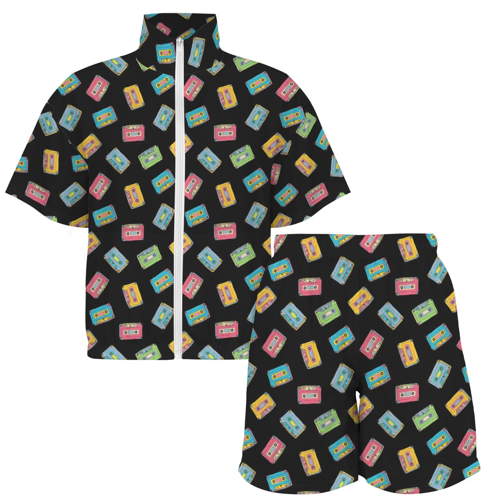 Colourful Cassettes Women's Windbreaker Short Set Women's Windbreaker Short Set Music Printed Offshore Retro