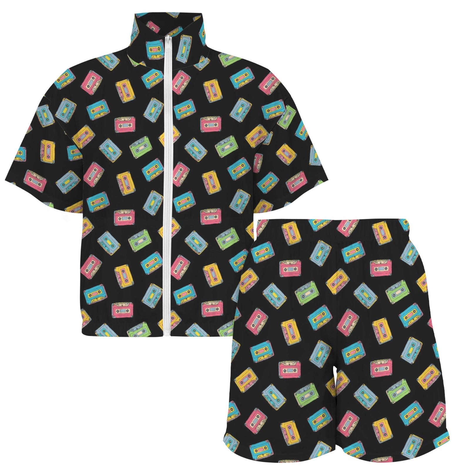 Colourful Cassettes Women's Windbreaker Short Set Women's Windbreaker Short Set Music Printed Offshore Retro