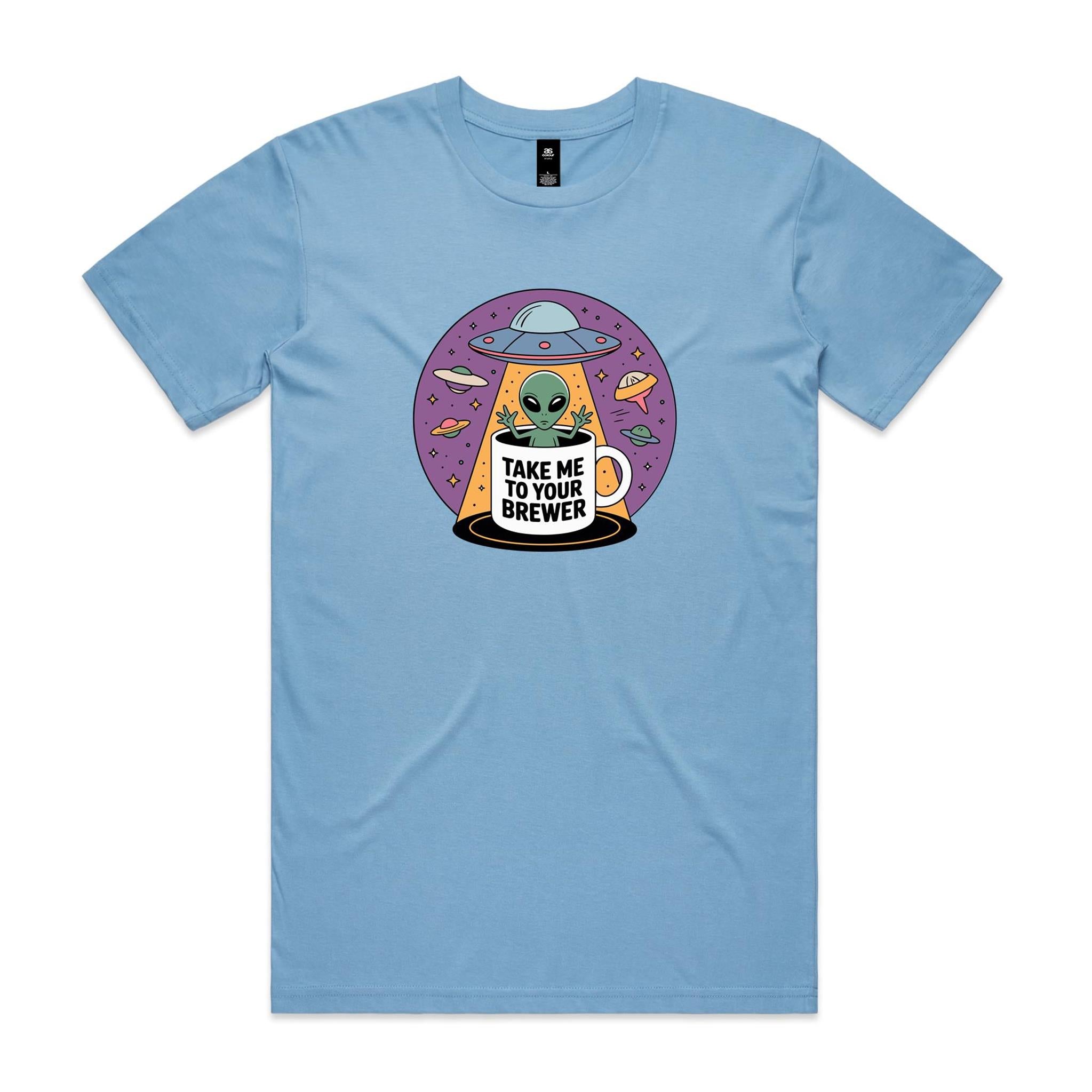 Coffee, Alien, UFO, Take Me To Your Brewer Men's AS Colour T-shirt Carolina Blue Mens T-shirt Coffee Printed In Australia Sci Fi