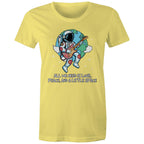 Astronaut, All We Need Is Love, Peace And A Little Space - Womens T-shirt Yellow Womens T-shirt Music Printed In Australia Space