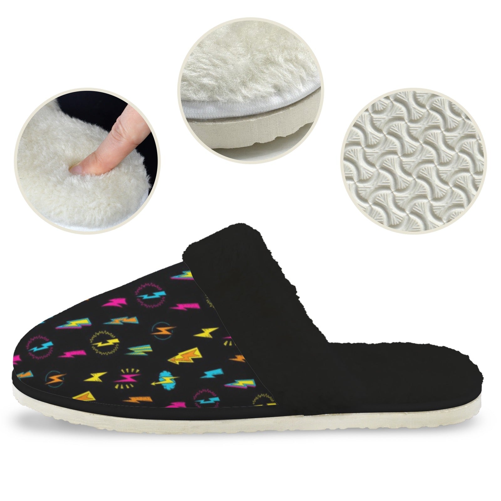 Fun Lightning Women's Fur Trim Thick-Sole Indoor Slippers Women's Fur Trimmed Slippers Printed Offshore