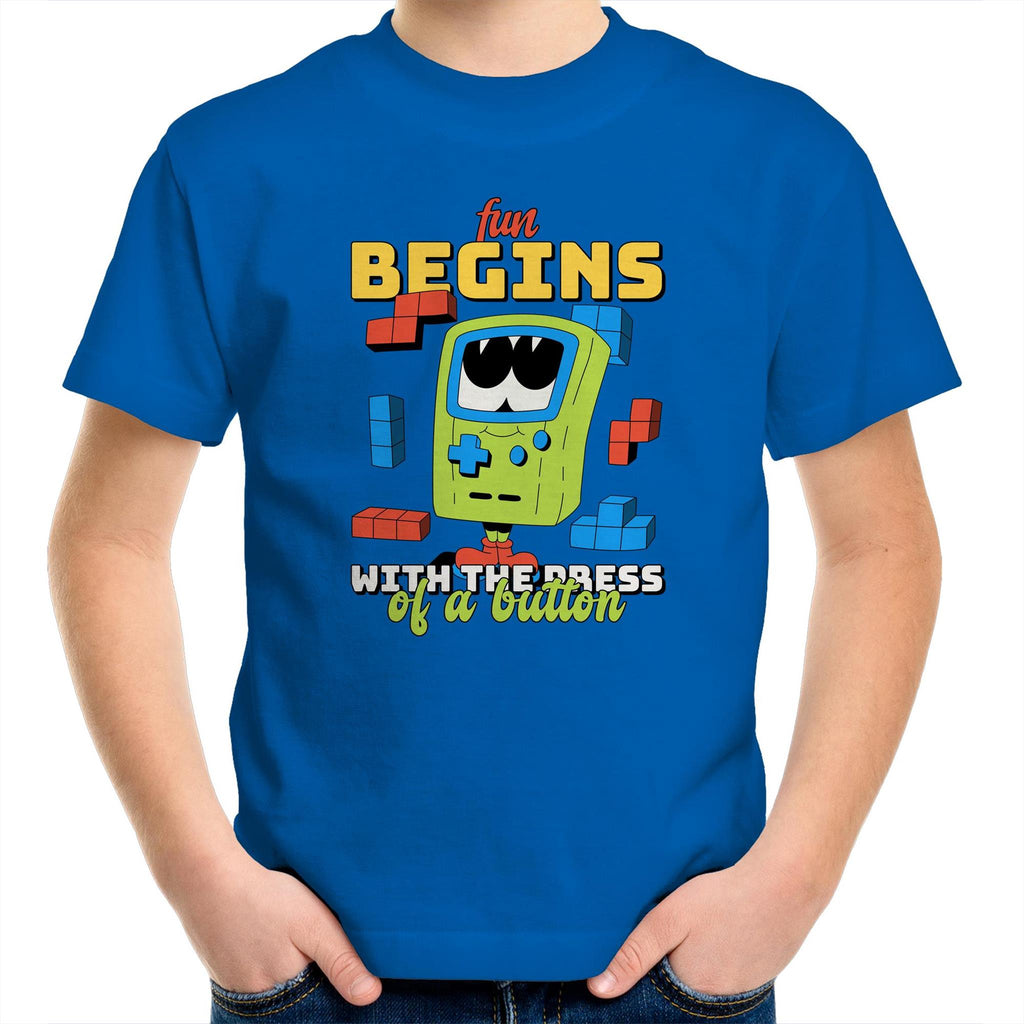 Fun Begins With The Press Of A Button, Video Game - Kids Youth T-Shirt Bright Royal Kids Youth T-shirt Games Printed In Australia