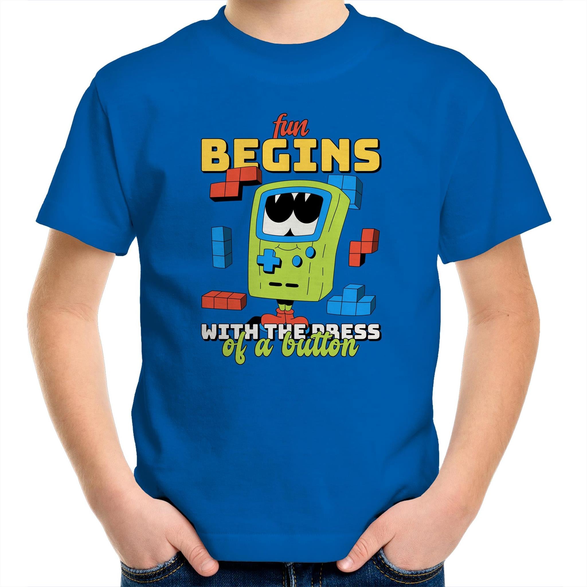 Fun Begins With The Press Of A Button, Video Game - Kids Youth T-Shirt Bright Royal Kids Youth T-shirt Games Printed In Australia