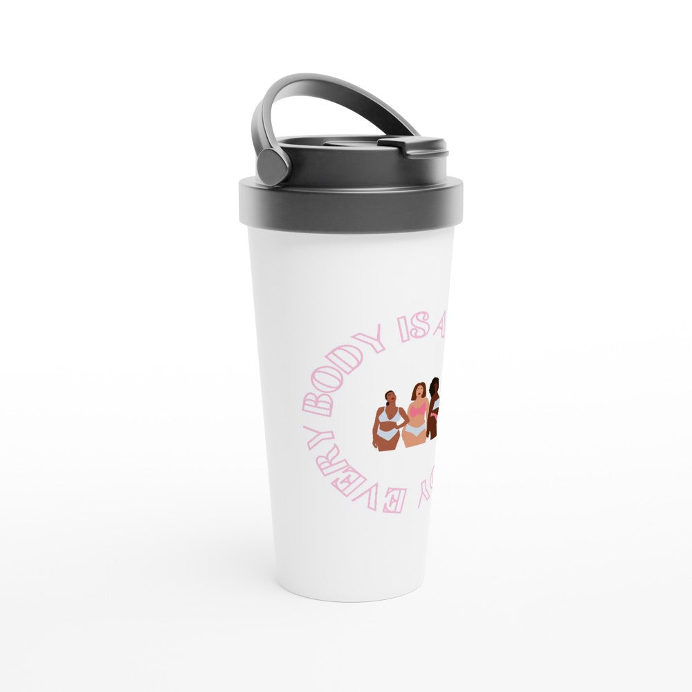 Every Body Is A Bikini Body - White 15oz Stainless Steel Travel Mug Travel Mug Globally Fulfilled motivation positivity summer