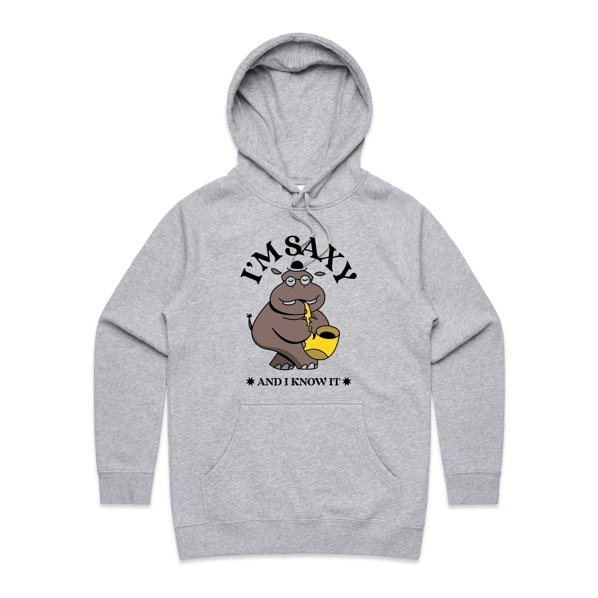 I'm Saxy And I Know It, Hippo Saxophone Player - Womens Hoodie Grey Marle Womens Hoodie animal Music Printed In Australia
