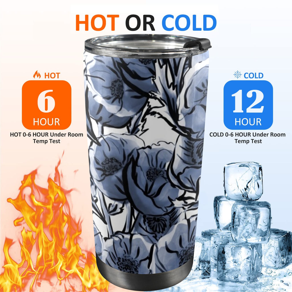 Blue And White Floral - 20oz Mobile Tumbler with Lid (Black Lock) 20oz Travel Mug Plants Printed Offshore