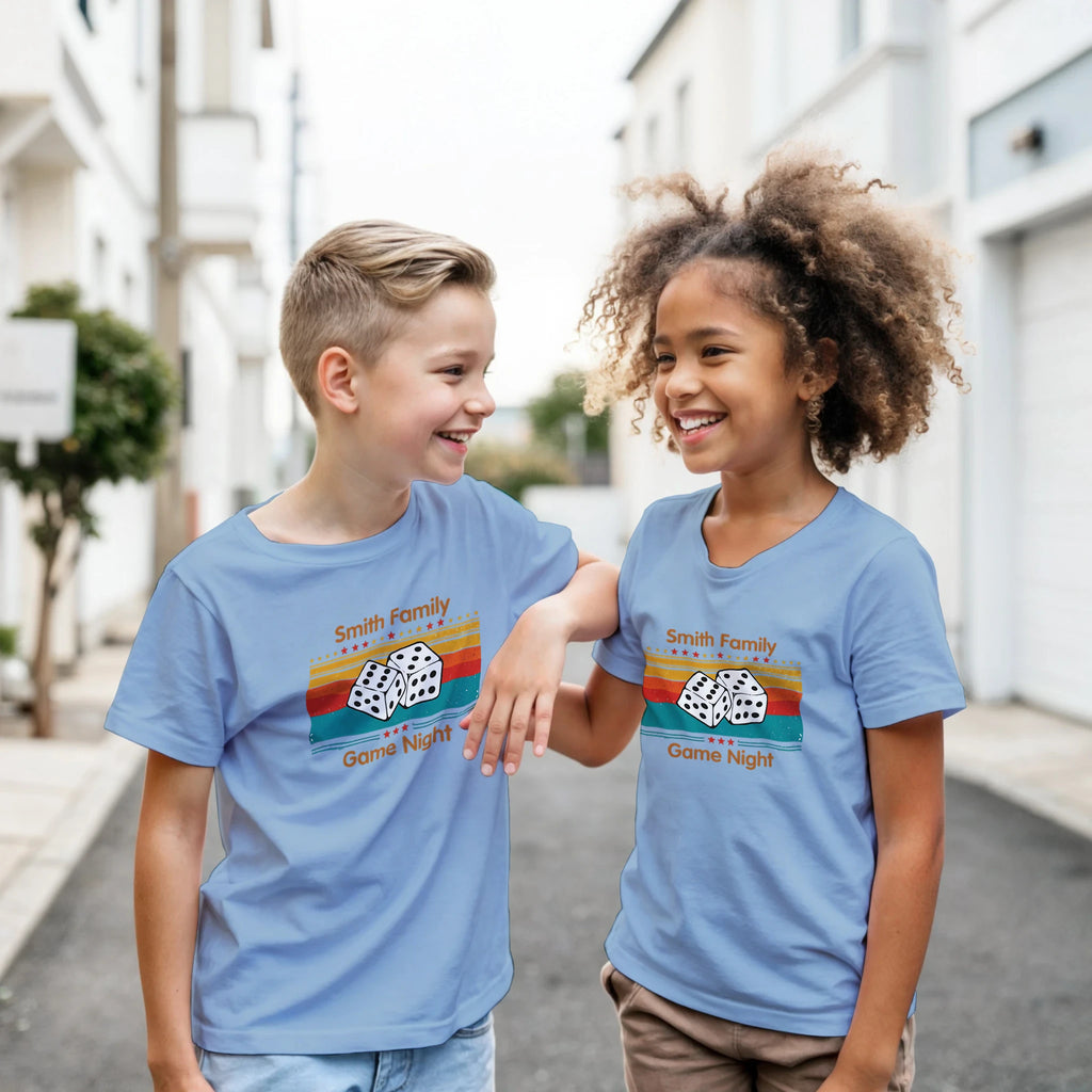 Personalised - Dice, Family Games Night - Classic Kids Crewneck T-shirt | Gildan® 5000B Light Blue Personalised Kids T-shirt customise Games Globally Fulfilled personalise
