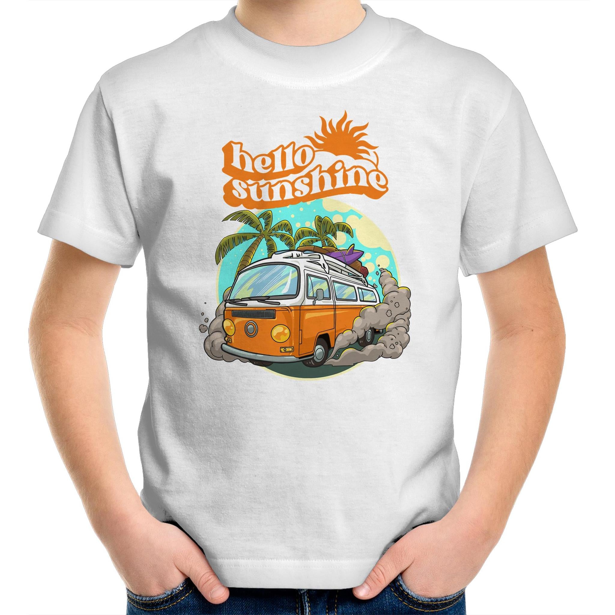 Hello Sunshine, Beach Van - Kids Youth T-Shirt White Kids Youth T-shirt Printed In Australia Retro Summer Surf