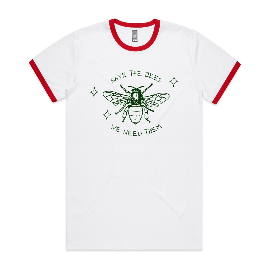 Save The Bees - Staple Ringer Tee White Red Ringer T-Shirt animal Environment Printed In Australia