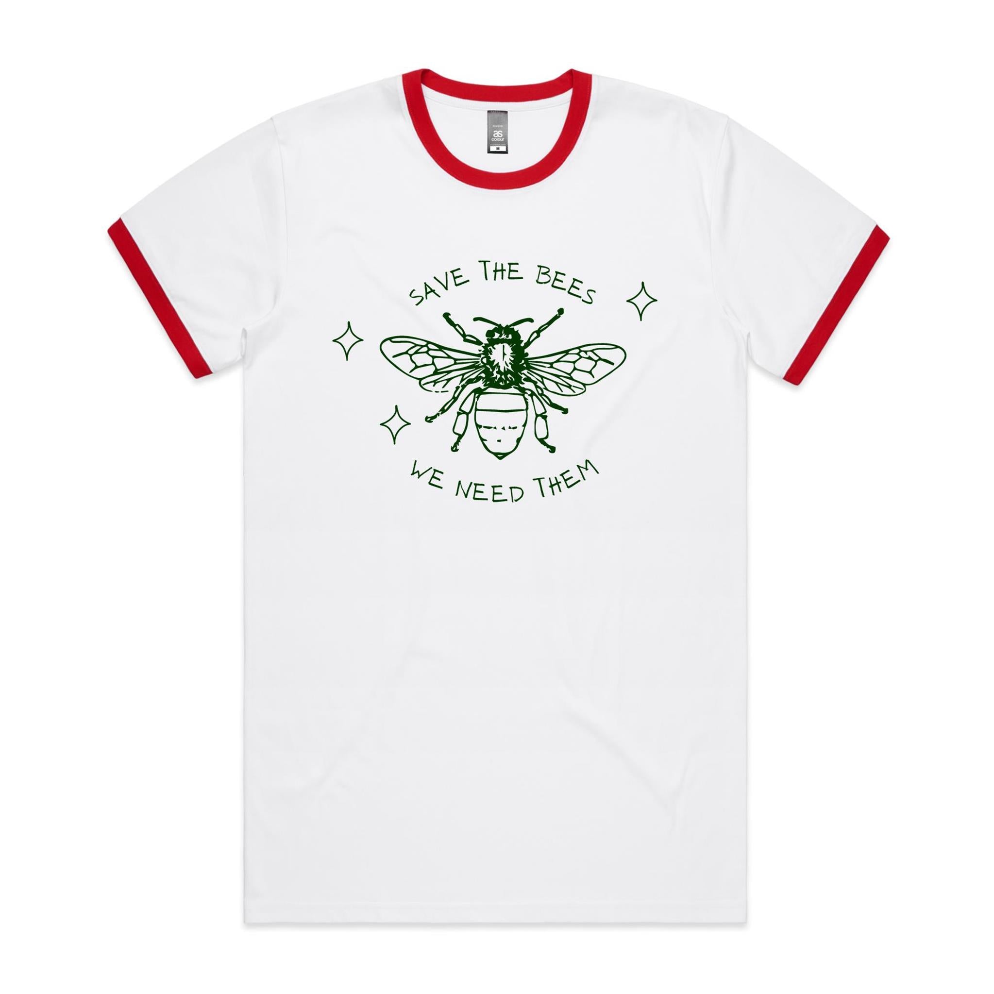 Save The Bees - Staple Ringer Tee White Red Ringer T-Shirt animal Environment Printed In Australia