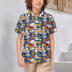 Comic Book Blue Kids Youth Short Sleeve Button Up Shirt