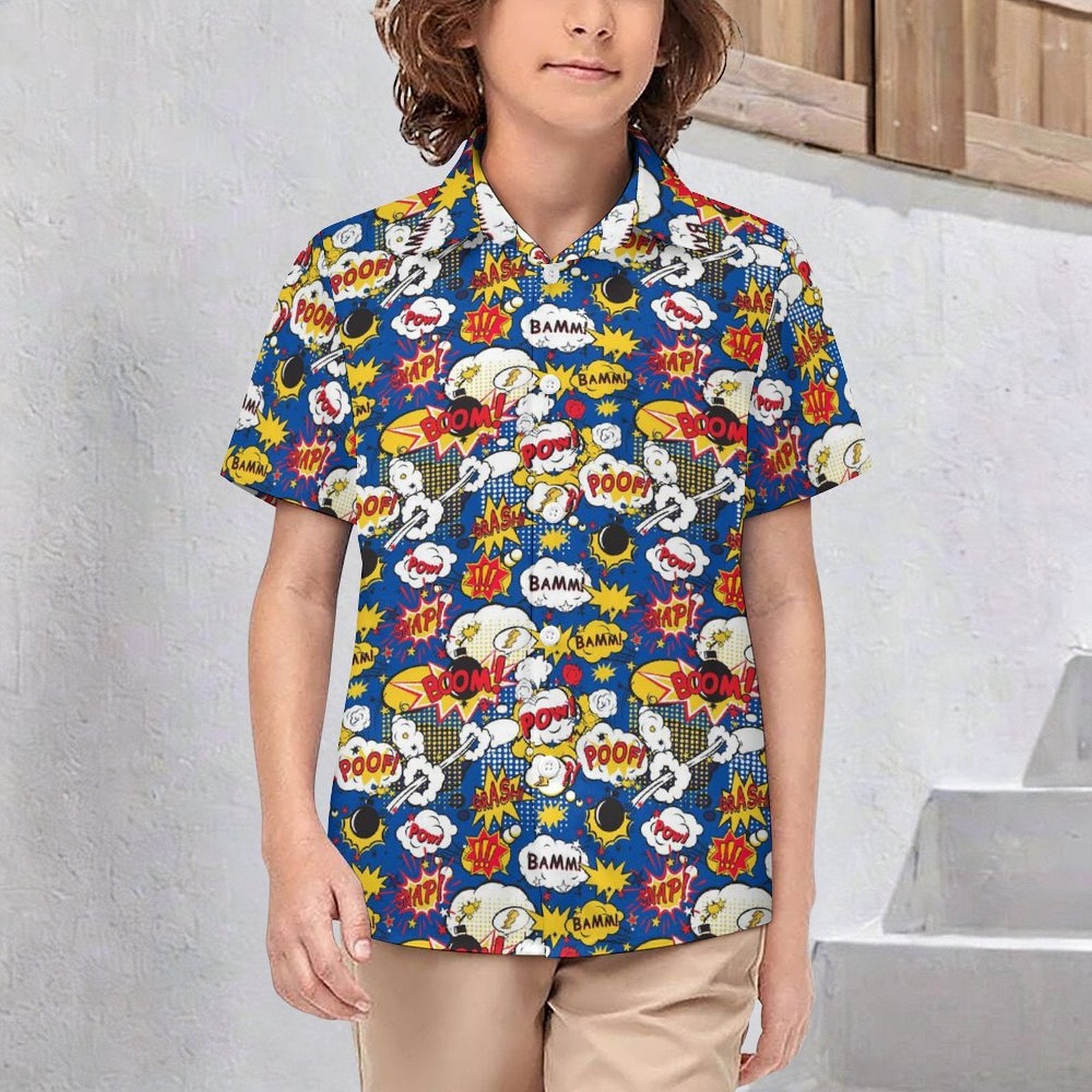 Comic Book Blue Kids Youth Short Sleeve Button Up Shirt