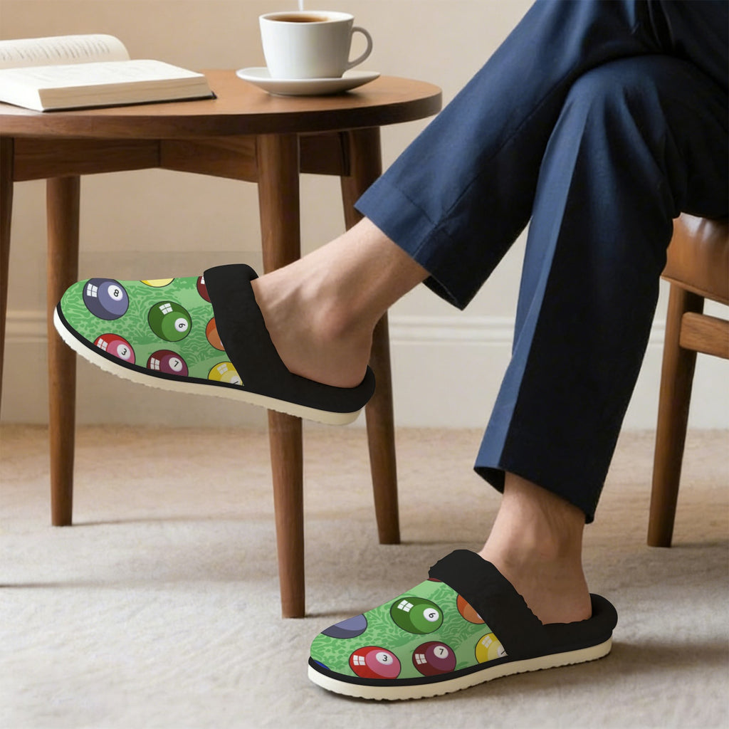 Pool Balls Men's Fur Trim Thick-Sole Indoor Slippers Men's Fur Trimmed Slippers Games Printed Offshore