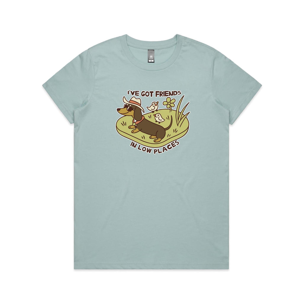 Dachshund, I've Got Friends In Low Places Women's AS Colour T-shirt Pale Blue Womens T-shirt animal Printed In Australia