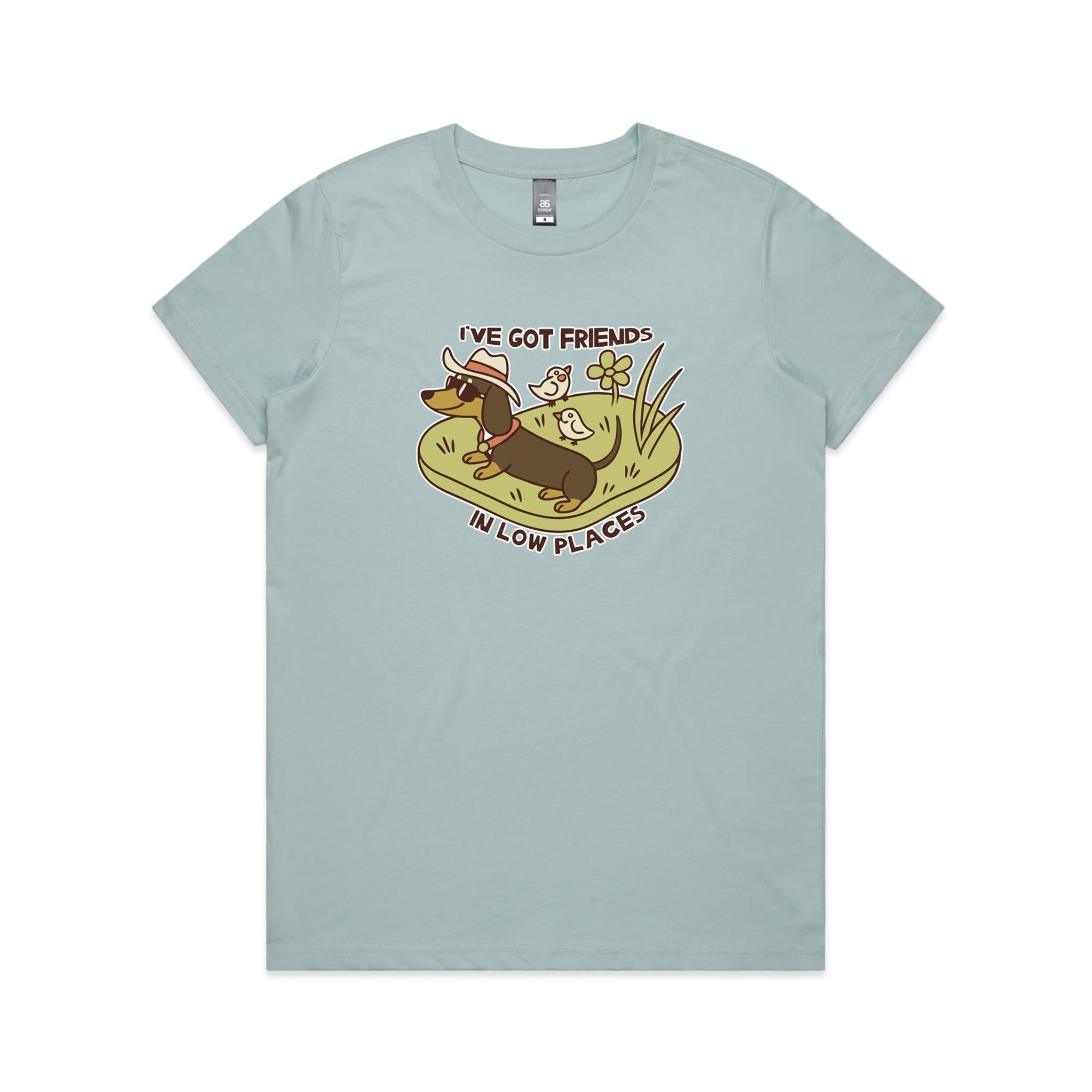 Dachshund, I've Got Friends In Low Places Women's AS Colour T-shirt Pale Blue Womens T-shirt animal Printed In Australia