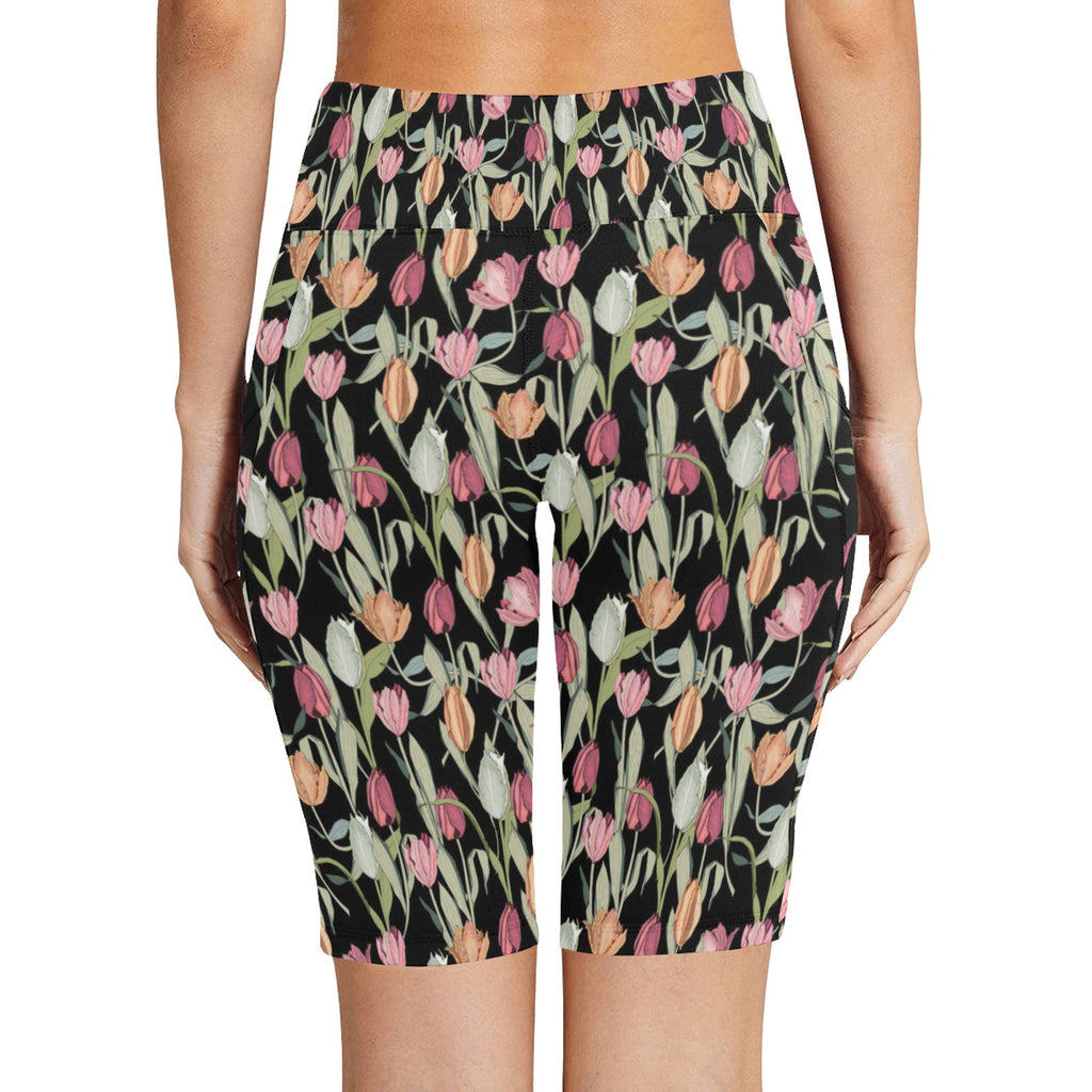 Tulips Women's Bike Shorts With Side Pockets Women's Bike Shorts Plants Printed Offshore