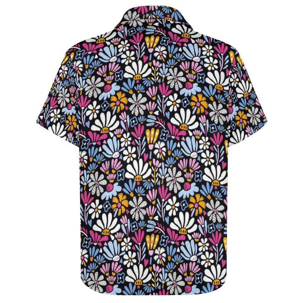 Graphic Flowers On Black Women's Short-Sleeve Button Up Shirt Women's Short-Sleeve Button Up Shirt Plants Printed Offshore
