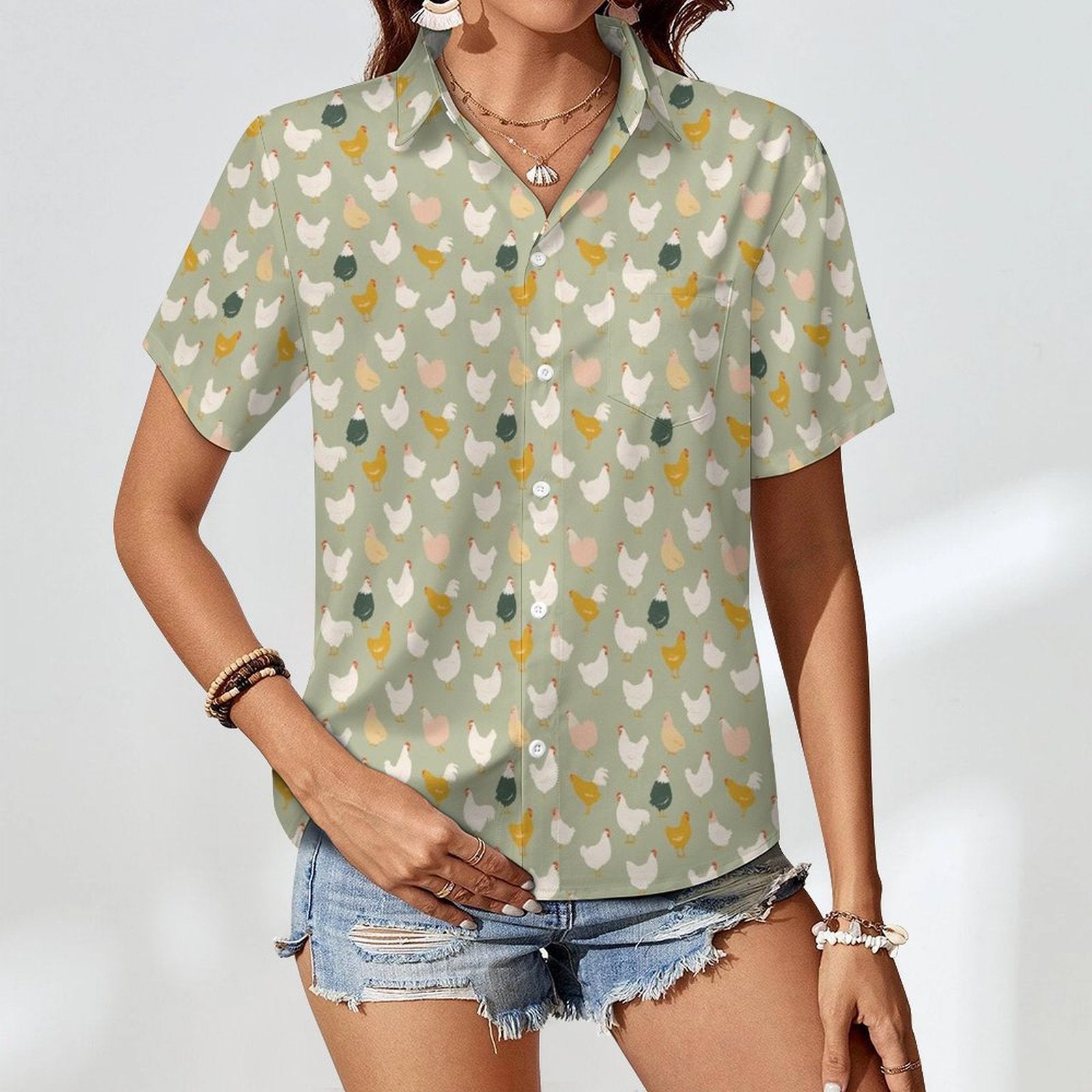 Chicken Life Women's Short-Sleeve Button Up Shirt Women's Short-Sleeve Button Up Shirt animal Birds Printed Offshore