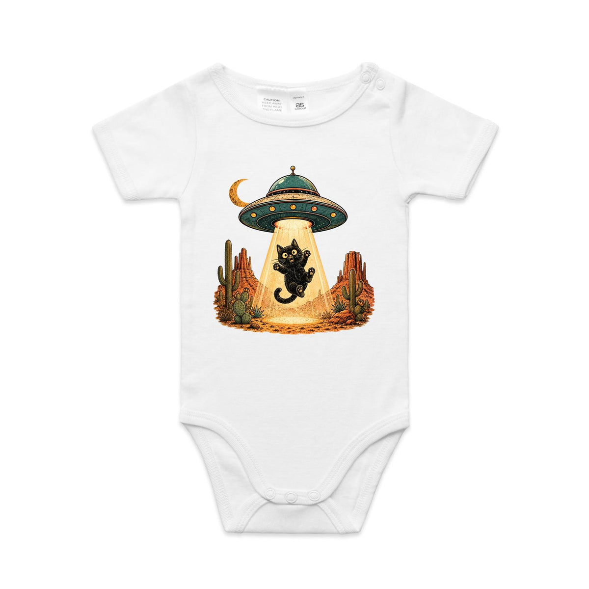 Black Cat Alien UFO Abduction AS Colour Baby Bodysuit