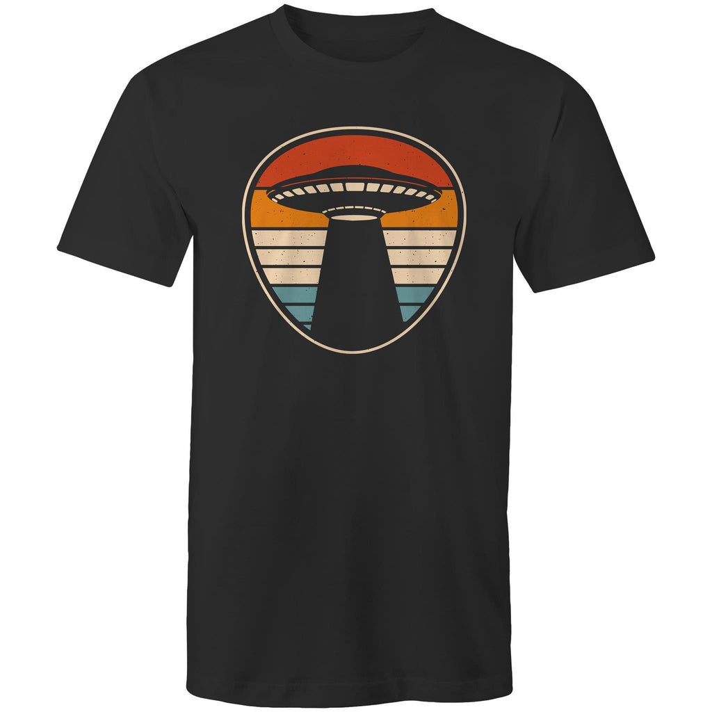 UFO, Retro Stipes - Mens T-Shirt Black Mens T-shirt Printed In Australia