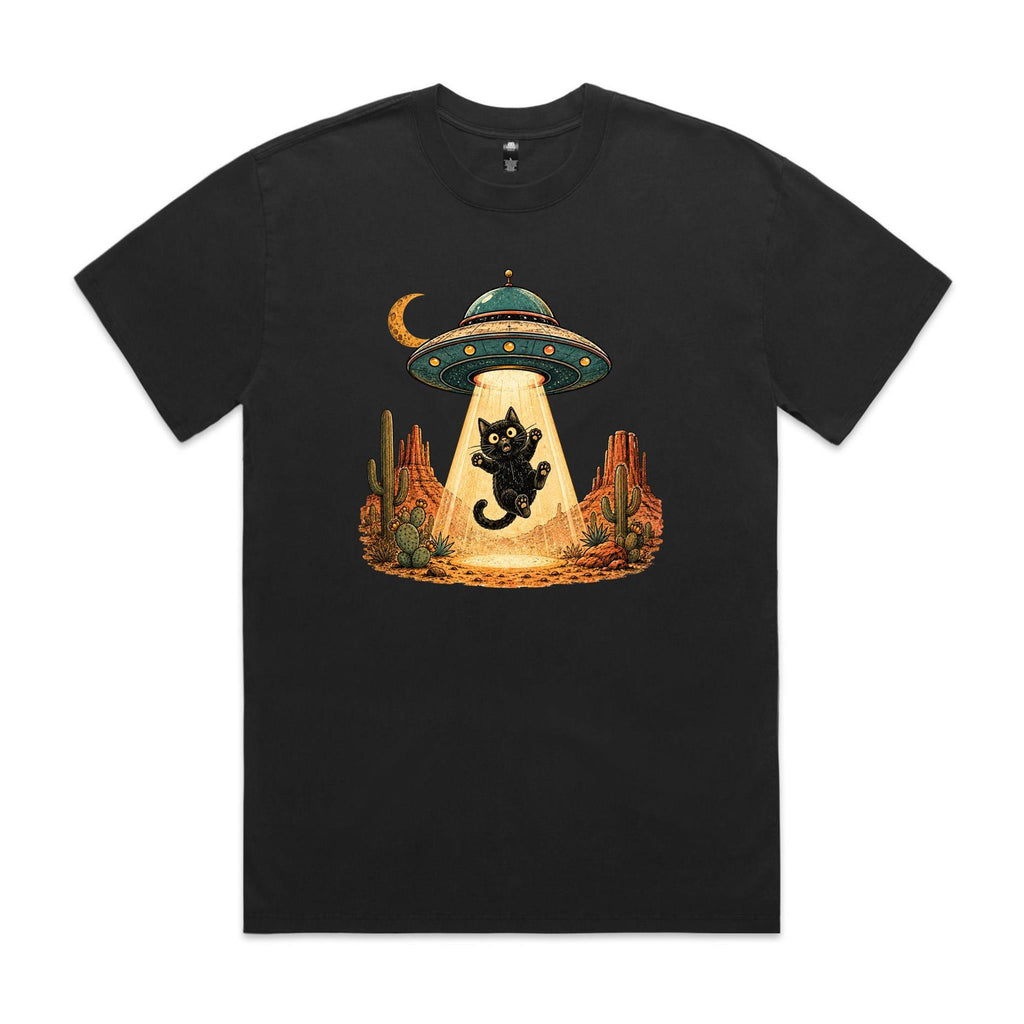 Black Cat Alien UFO Abduction AS Colour Heavy Faded Tee Faded Black Heavy Faded T-shirt animal Printed In Australia Sci Fi