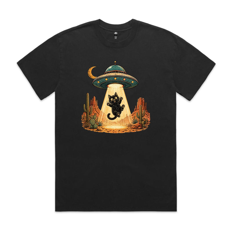 Black Cat Alien UFO Abduction AS Colour Heavy Faded Tee Faded Black Heavy Faded T-shirt animal Printed In Australia Sci Fi