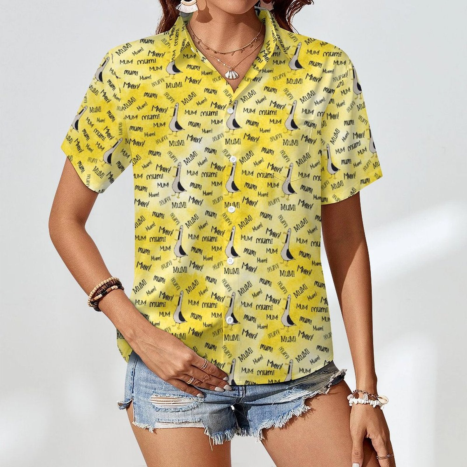 Mum Seagull - Women's Short-Sleeve Button Up Shirt Women's Short-Sleeve Button Up Shirt animal Mum Printed Offshore