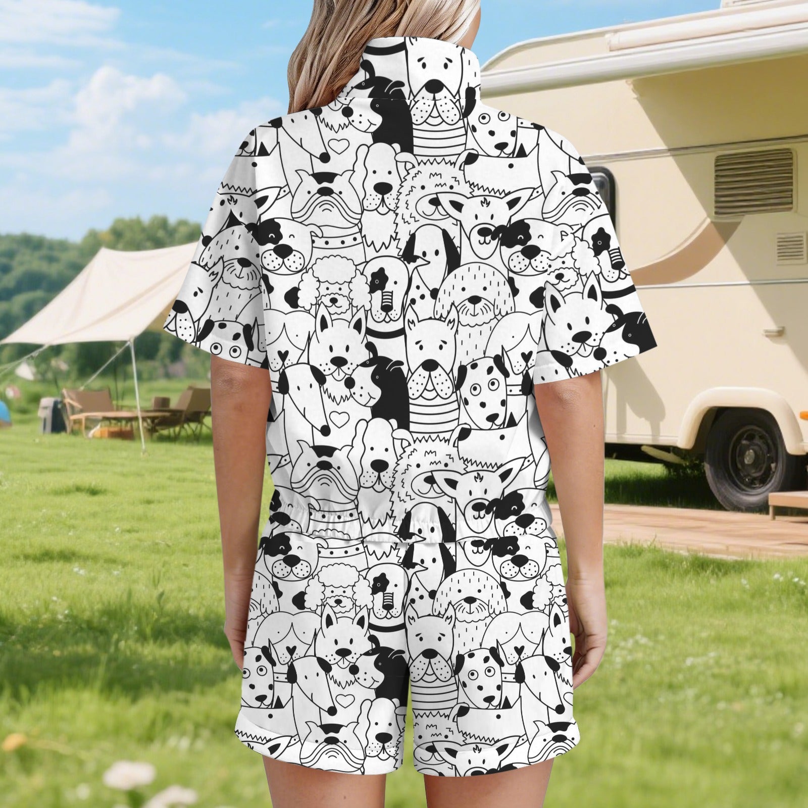 Black And White Dogs Women's Windbreaker Short Set Women's Windbreaker Short Set animal Printed Offshore