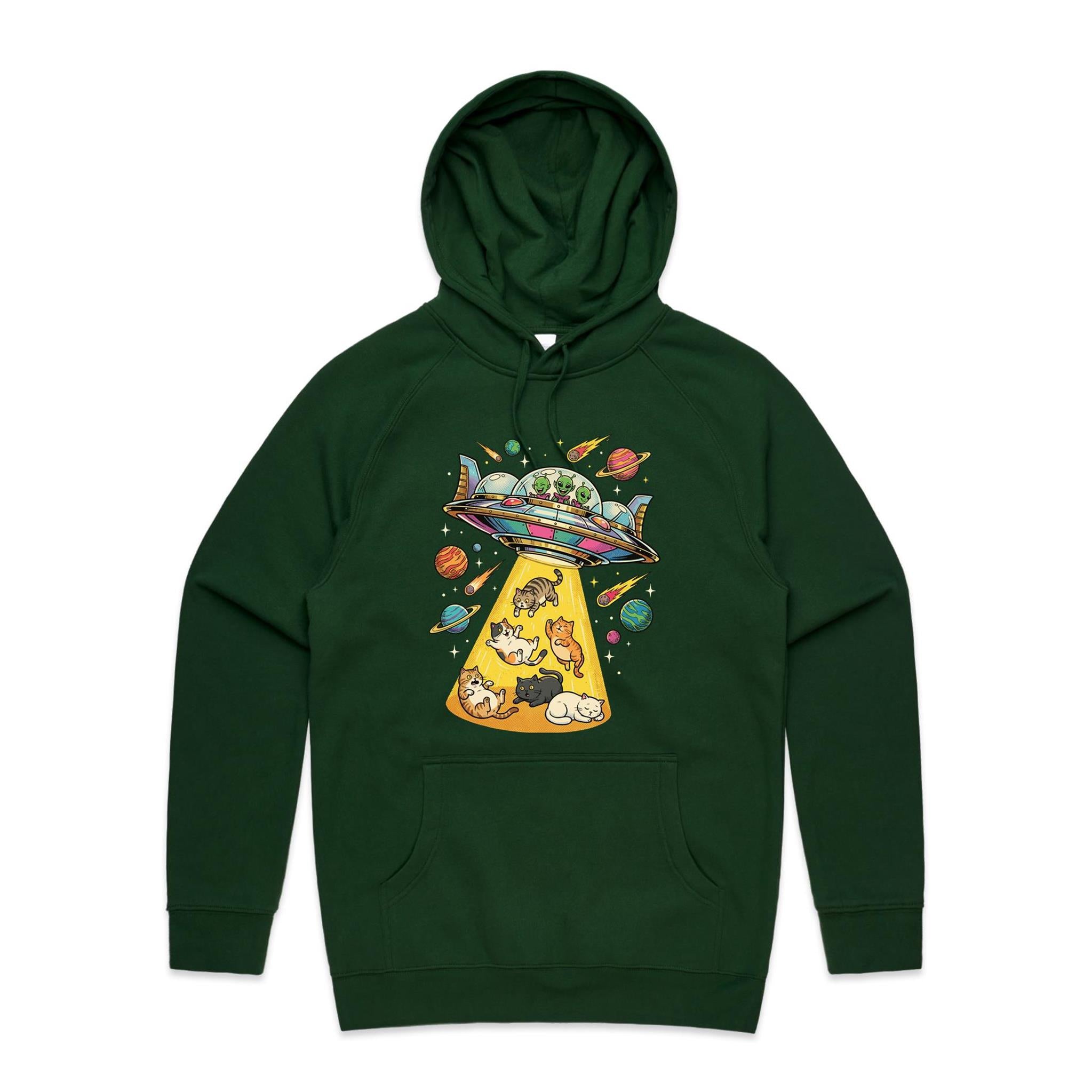 UFO Cat Abduction Men's AS Colour Hoodie Forest Green Mens Hoodie animal Printed In Australia Sci Fi