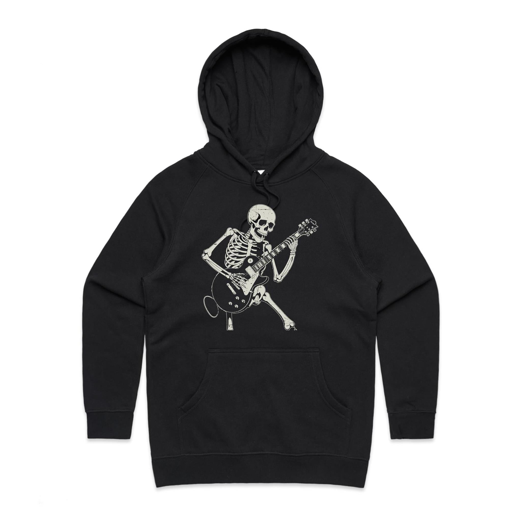 Skeleton Playing Guitar Women's AS Colour Hoodie Black Womens Hoodie Music Printed In Australia