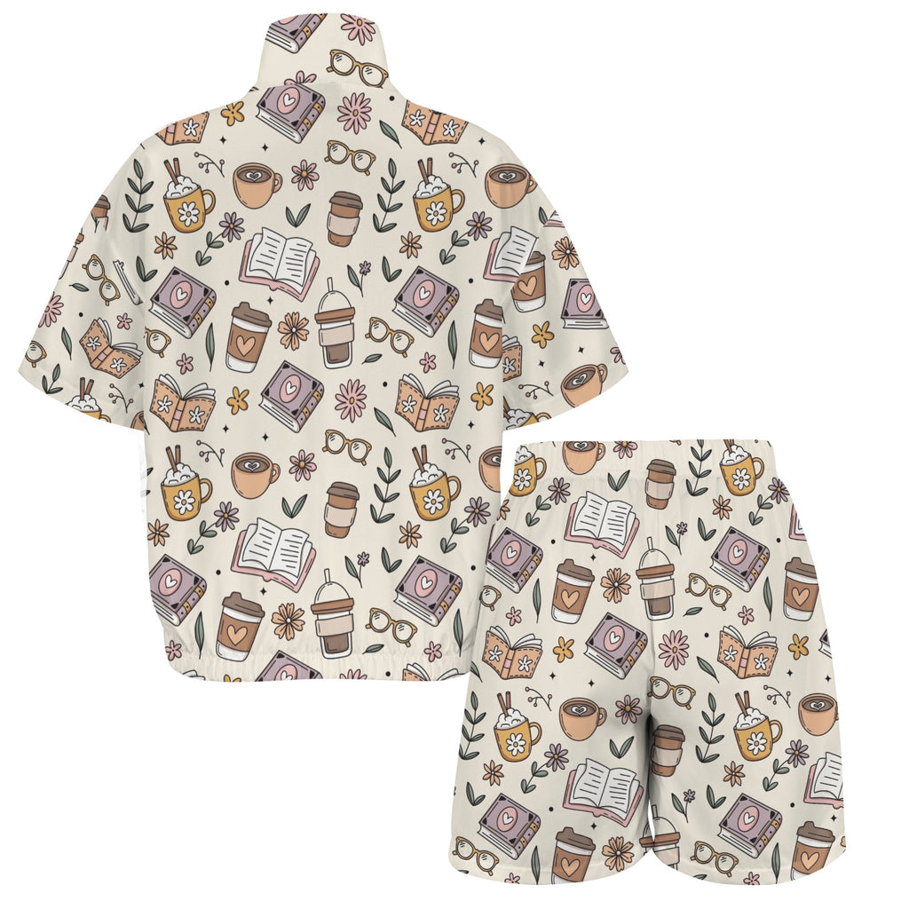 Books And Coffee Women's Windbreaker Short Set Women's Windbreaker Short Set Coffee Printed Offshore Reading