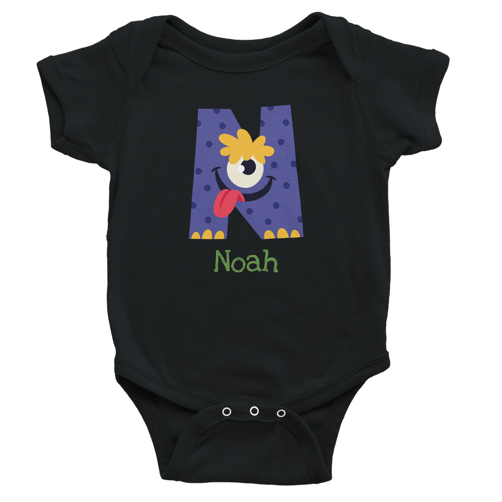 Monster Initial - Personalised Classic Baby Short Sleeve Bodysuit Black Personalised Baby Bodysuit customise Globally Fulfilled personalise