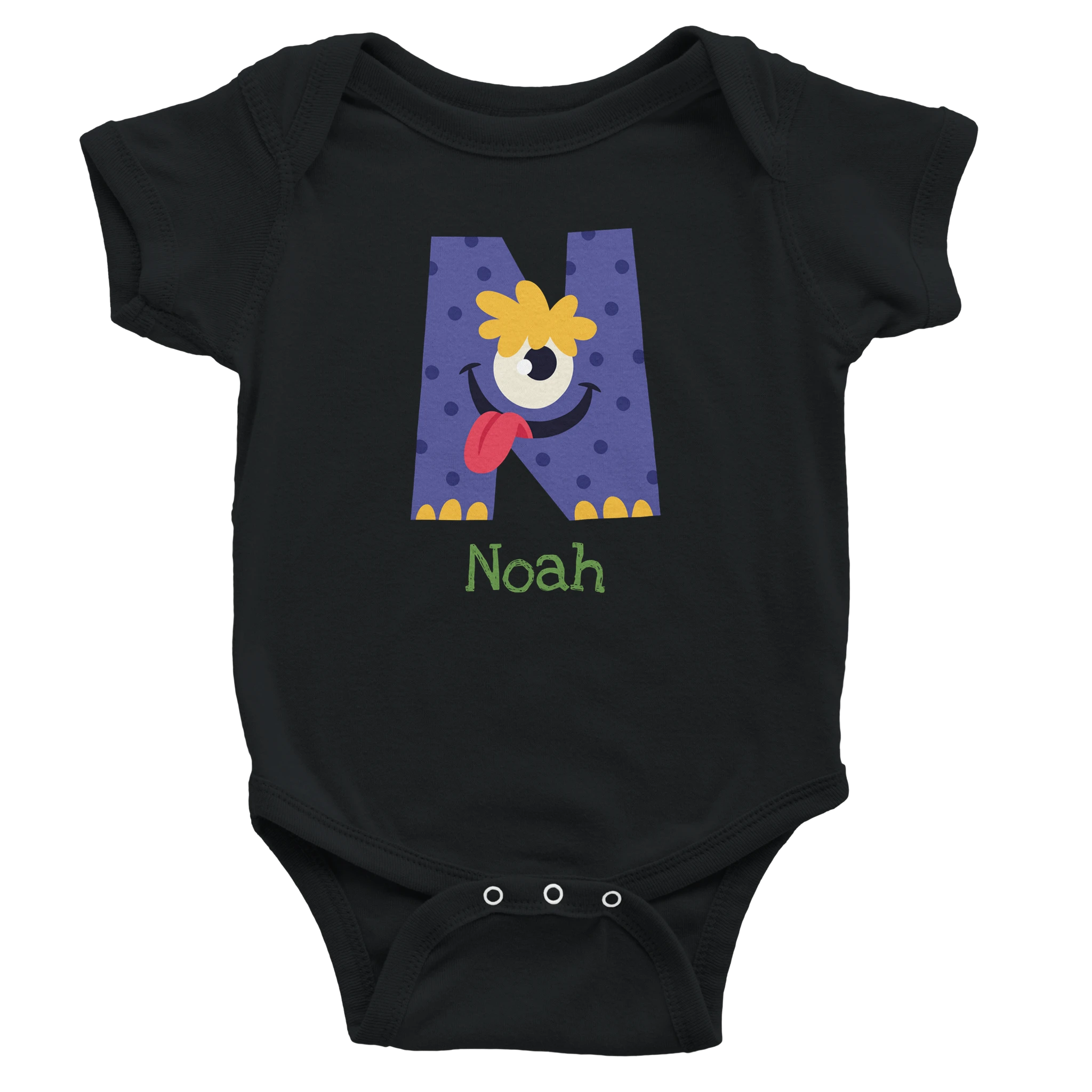 Monster Initial - Personalised Classic Baby Short Sleeve Bodysuit Black Personalised Baby Bodysuit customise Globally Fulfilled personalise