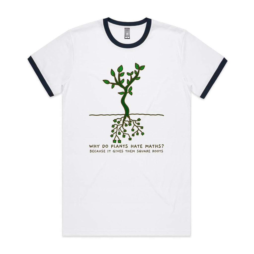 Square Roots, Maths Pun - Staple Ringer Tee White Navy Ringer T-Shirt Maths Printed In Australia