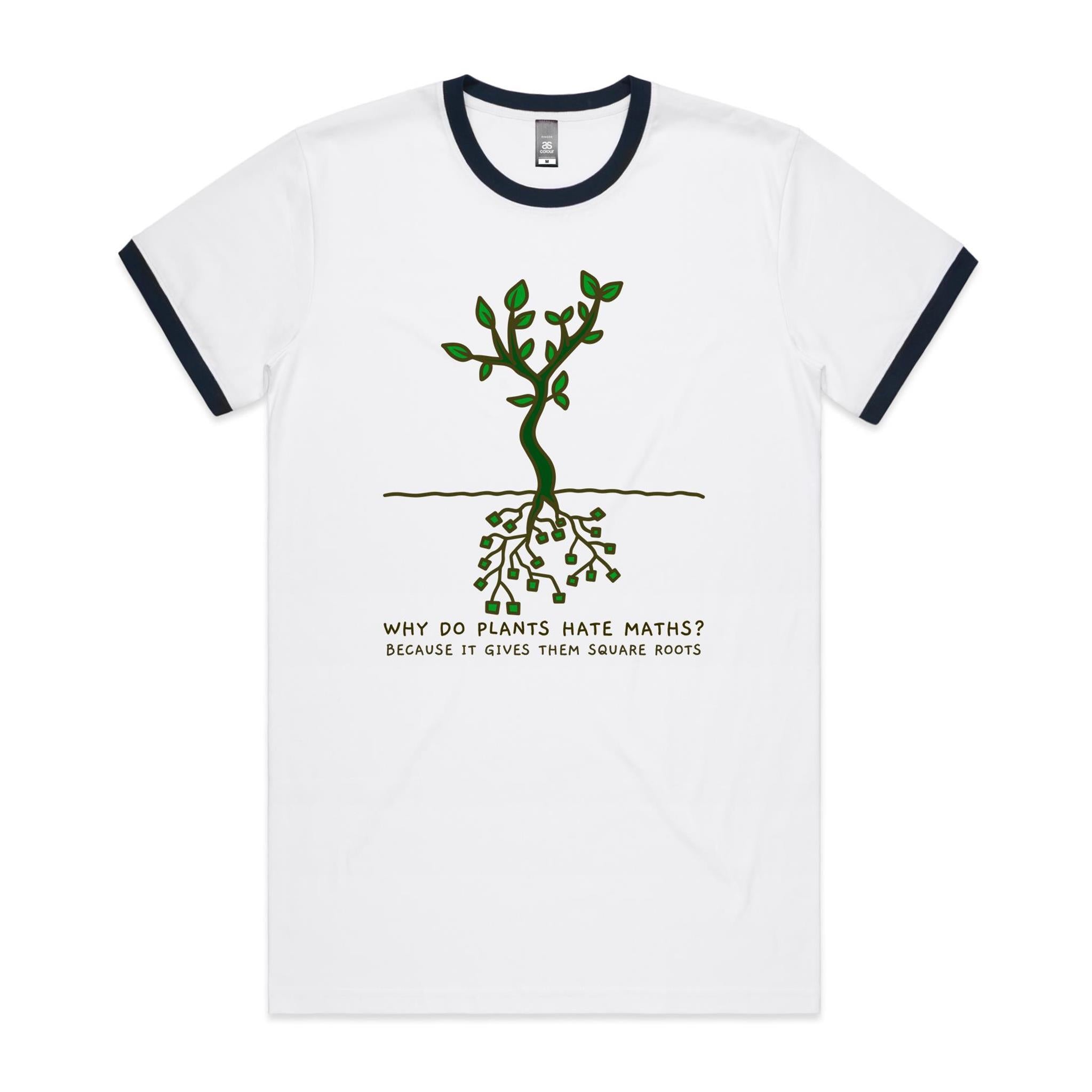 Square Roots, Maths Pun - Staple Ringer Tee White Navy Ringer T-Shirt Maths Printed In Australia
