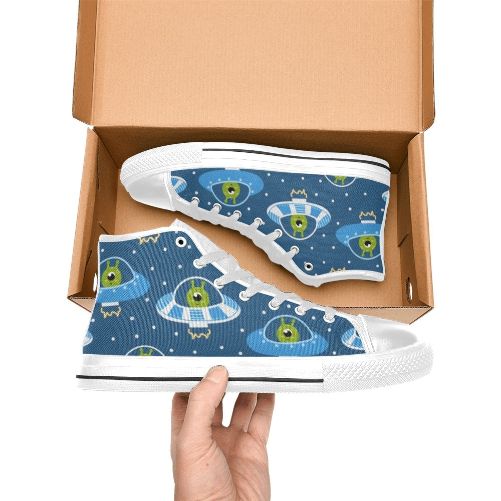 Cute Aliens in UFOs - Kids High Top Canvas Shoes