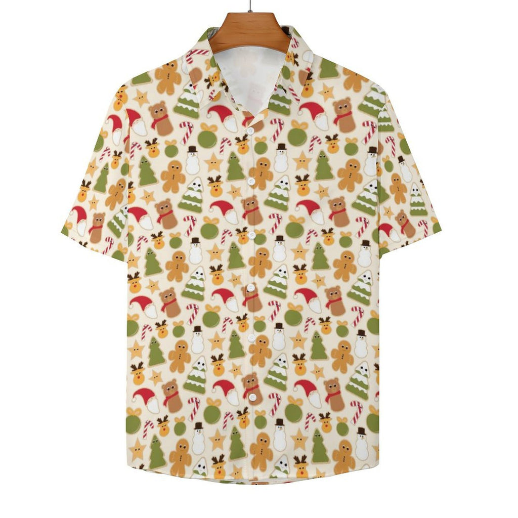 Cute Christmas Women's Collared Pocketless Short Sleeve Shirt Women's Pocketless Short Sleeve Button Up Shirt Christmas Printed Offshore