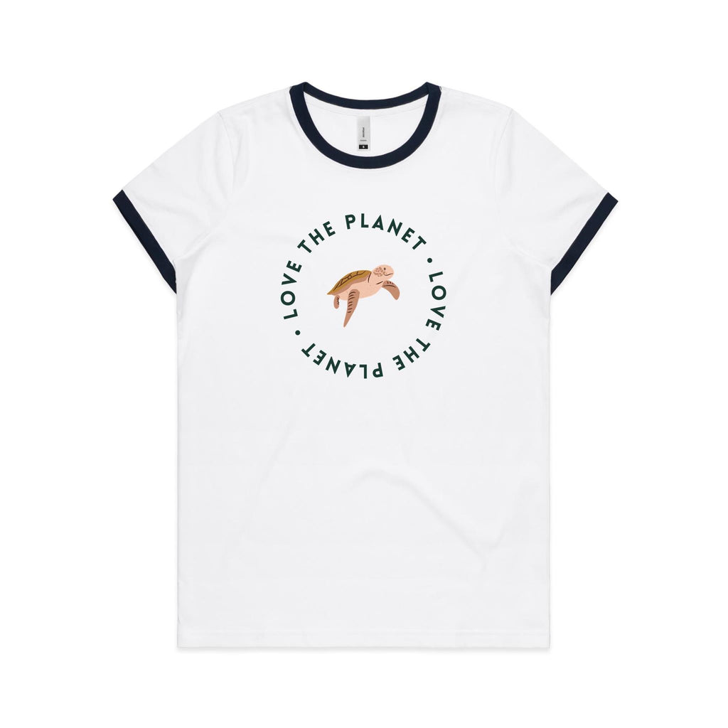 Love The Planet, Turtle - Women's Ringer Tee White Navy