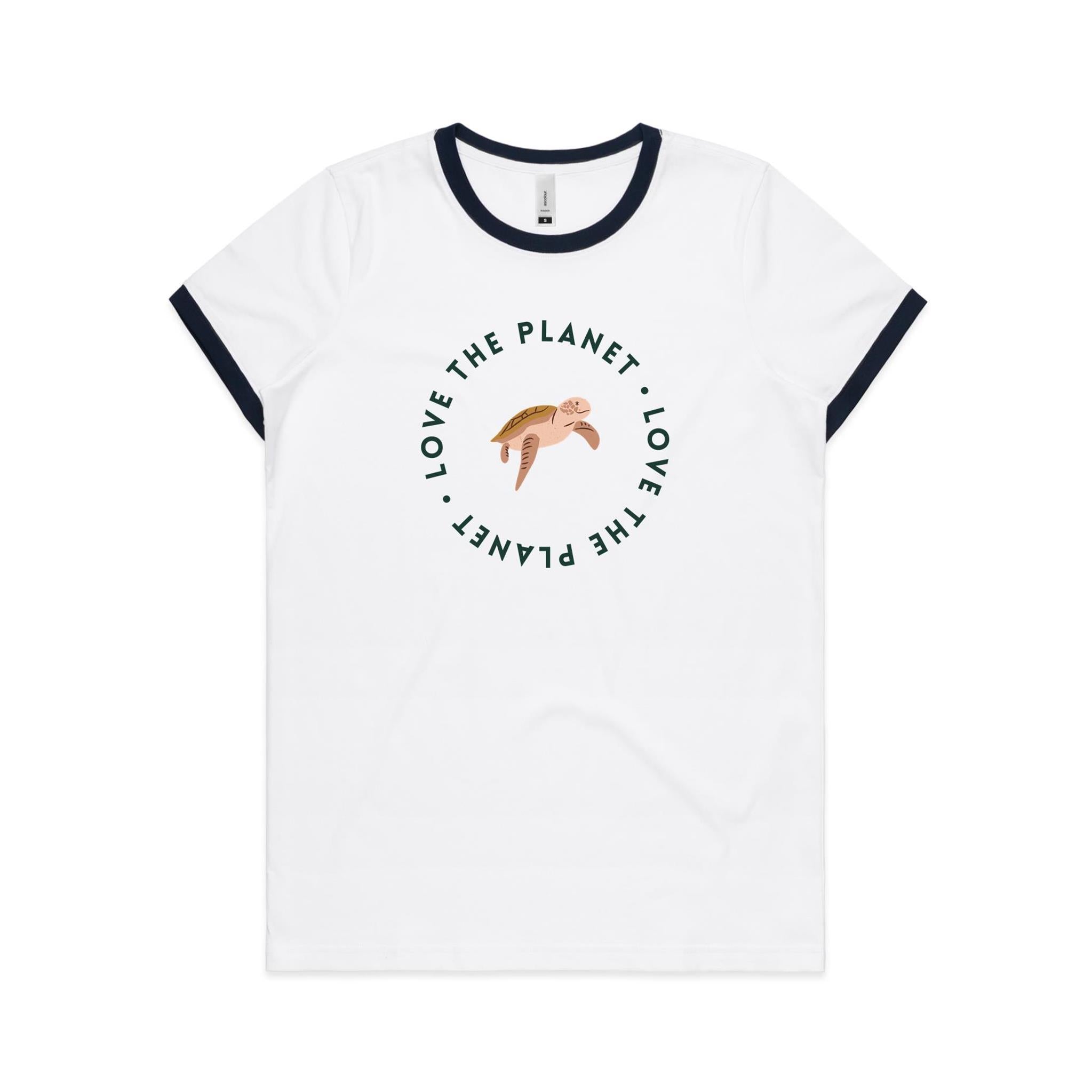 Love The Planet, Turtle - Women's Ringer Tee White Navy