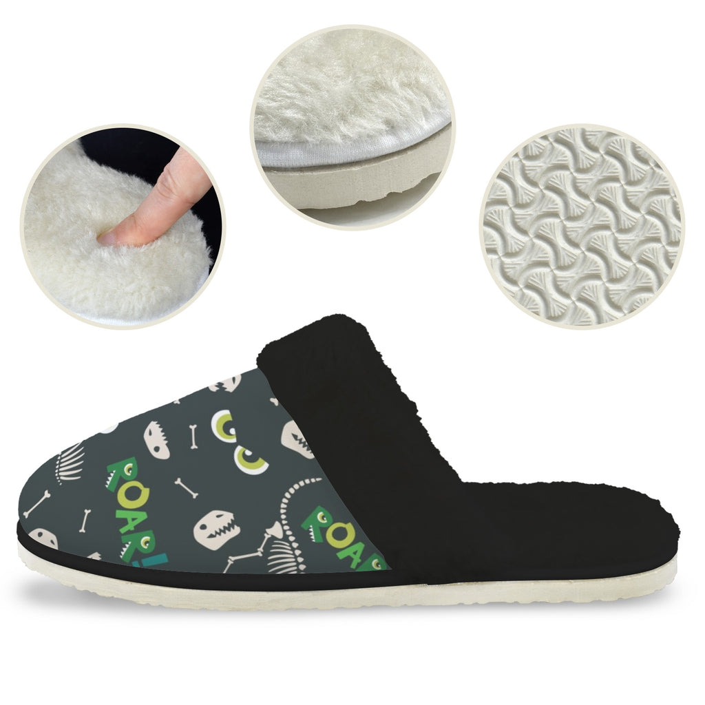 Dinosaur Roar Men's Fur Trim Thick-Sole Indoor Slippers Men's Fur Trimmed Slippers animal Printed Offshore