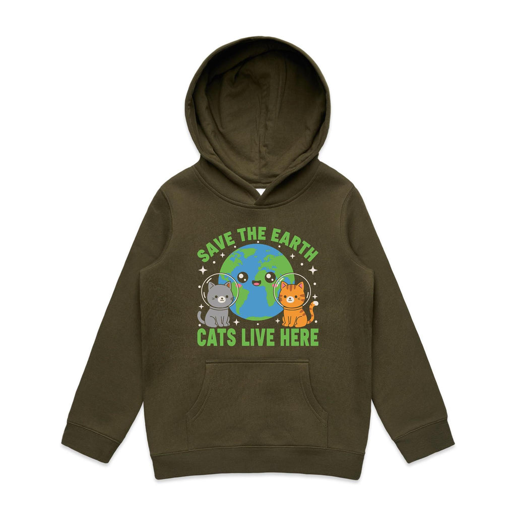 Save The Earth, Cats Live Here Kid's AS Colour Hoodie Army Kids Hoodie animal Environment Printed In Australia