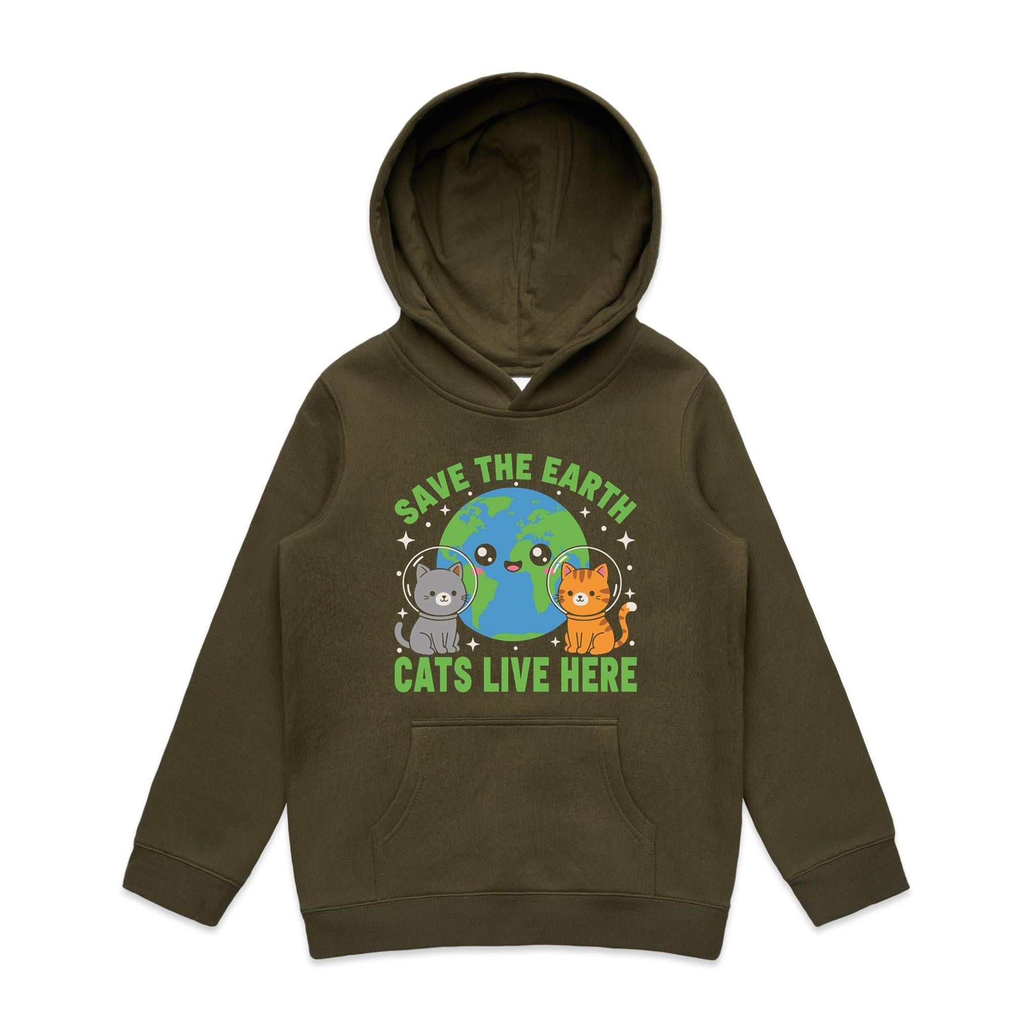 Save The Earth, Cats Live Here - Kid's AS Colour Hoodie Army Kids Hoodie animal Environment Printed In Australia