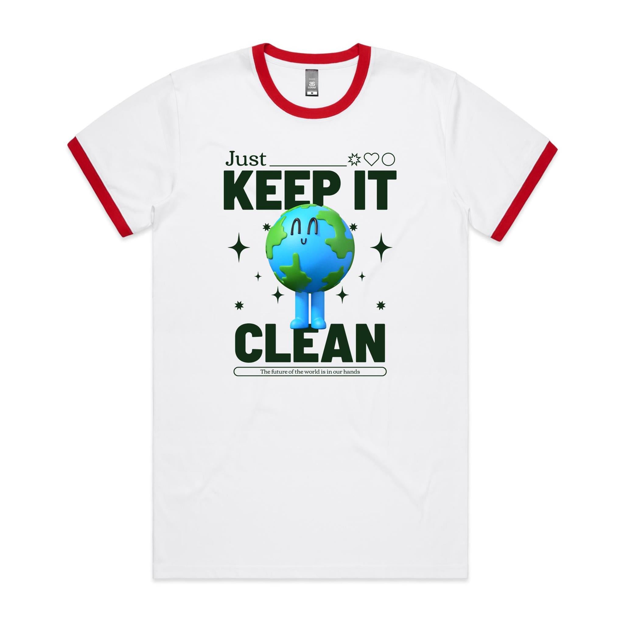 Earth, Just Keep It Clean - Staple Ringer Tee White Red Ringer T-Shirt Environment Printed In Australia