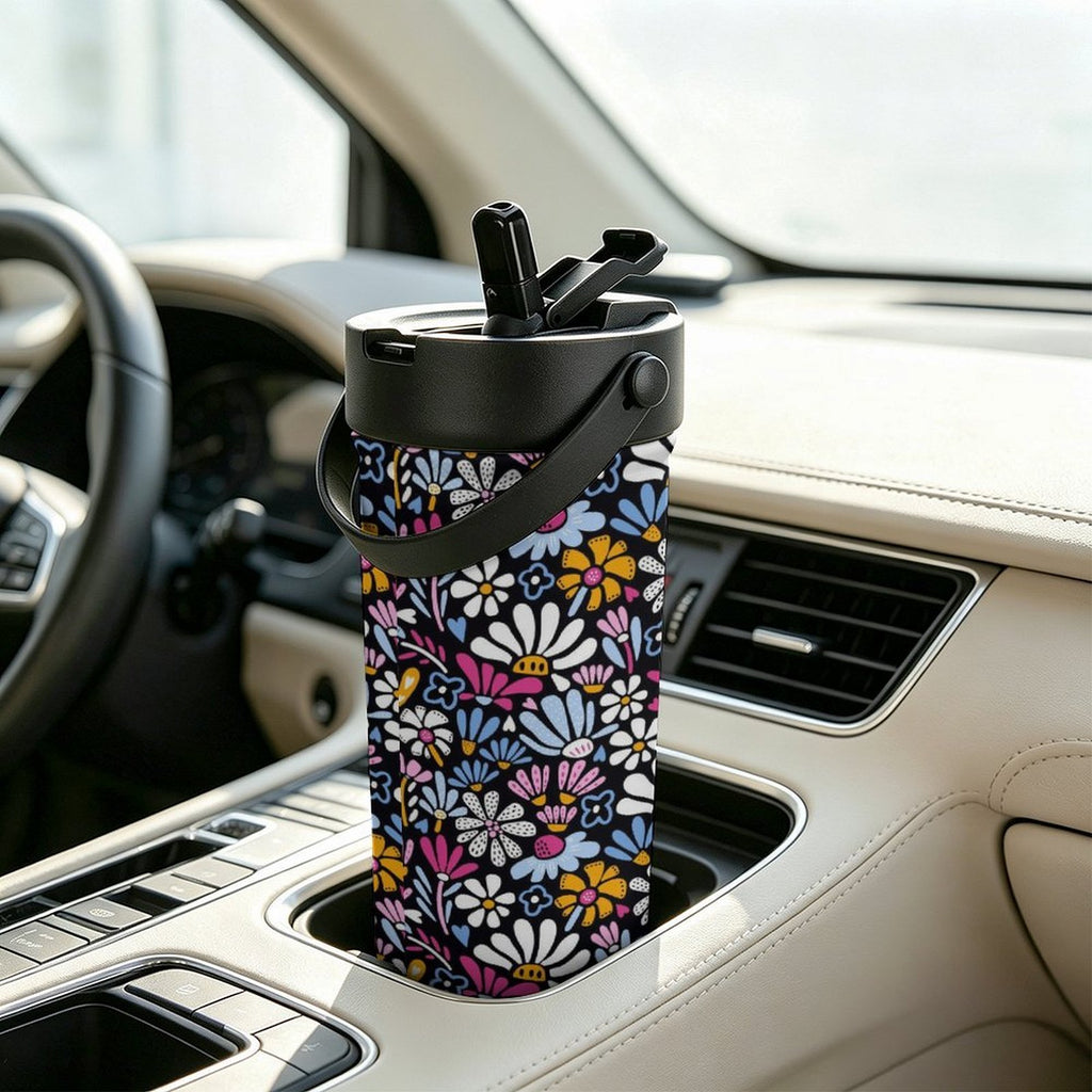 Graphic Flowers On Black 20oz Tea Tumbler with Carry Handle