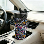 Graphic Flowers On Black 20oz Tea Tumbler with Carry Handle