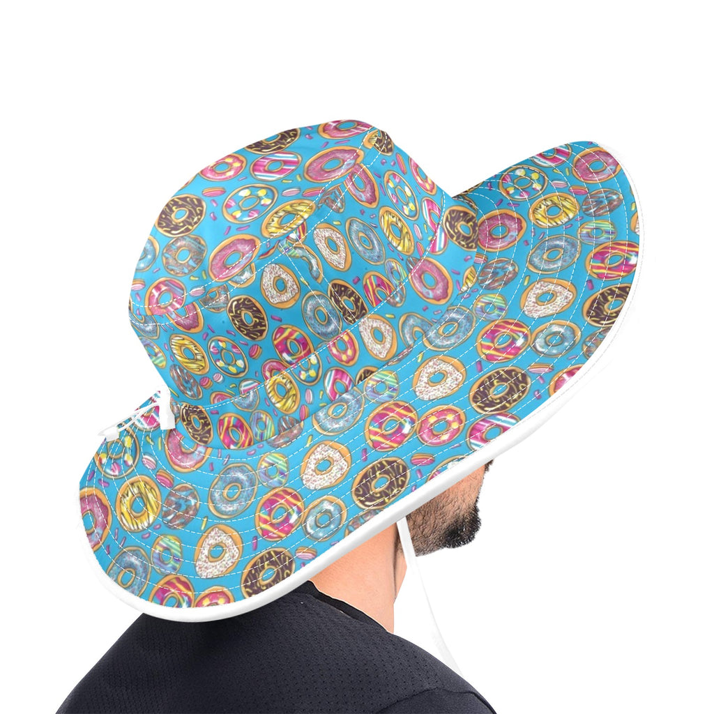 Doughnuts On Blue Wide Brim Bucket Hat Wide Brim Bucket Hat Food Printed Offshore