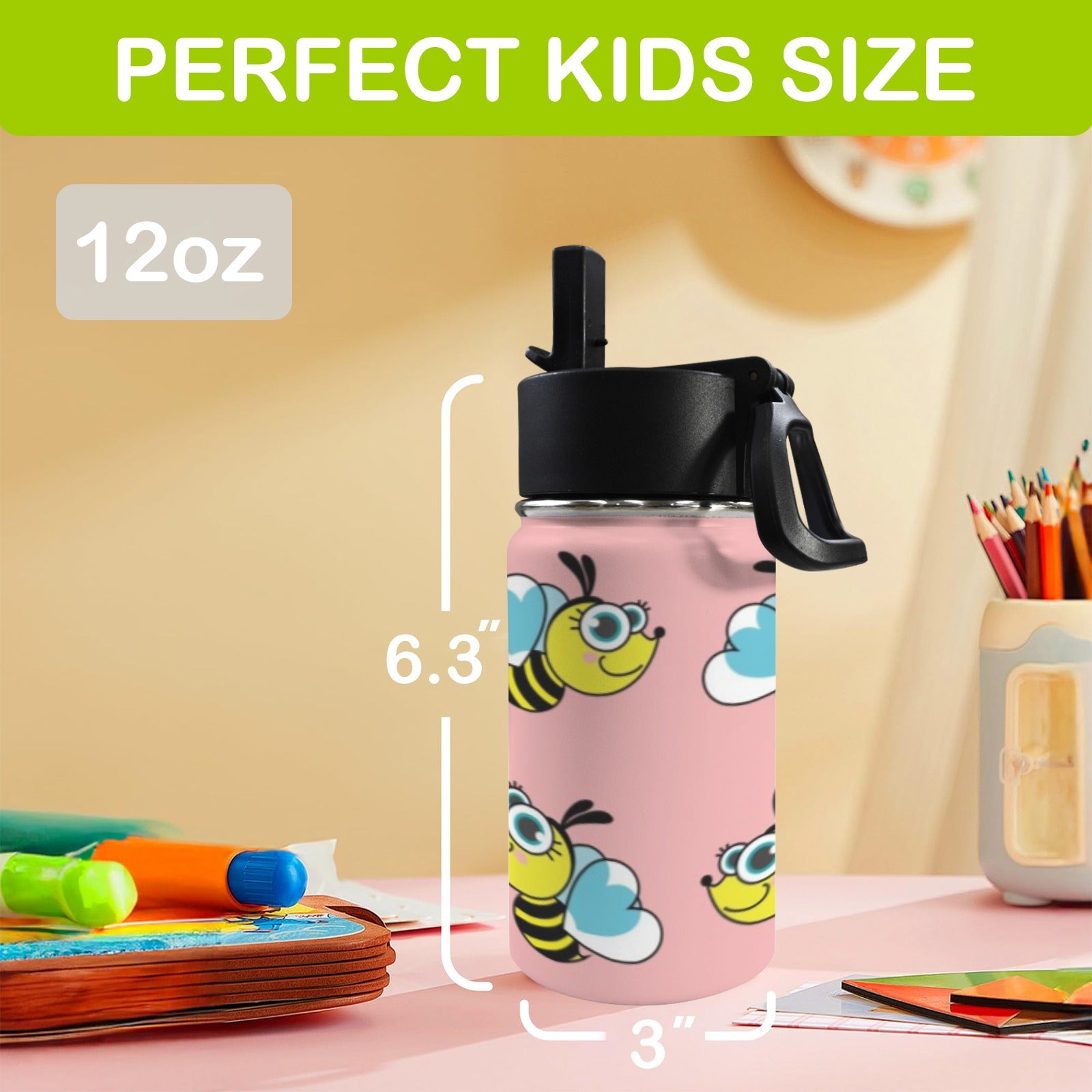 Cute Honey Bee 12oz Kids Water Bottle with Straw Lid