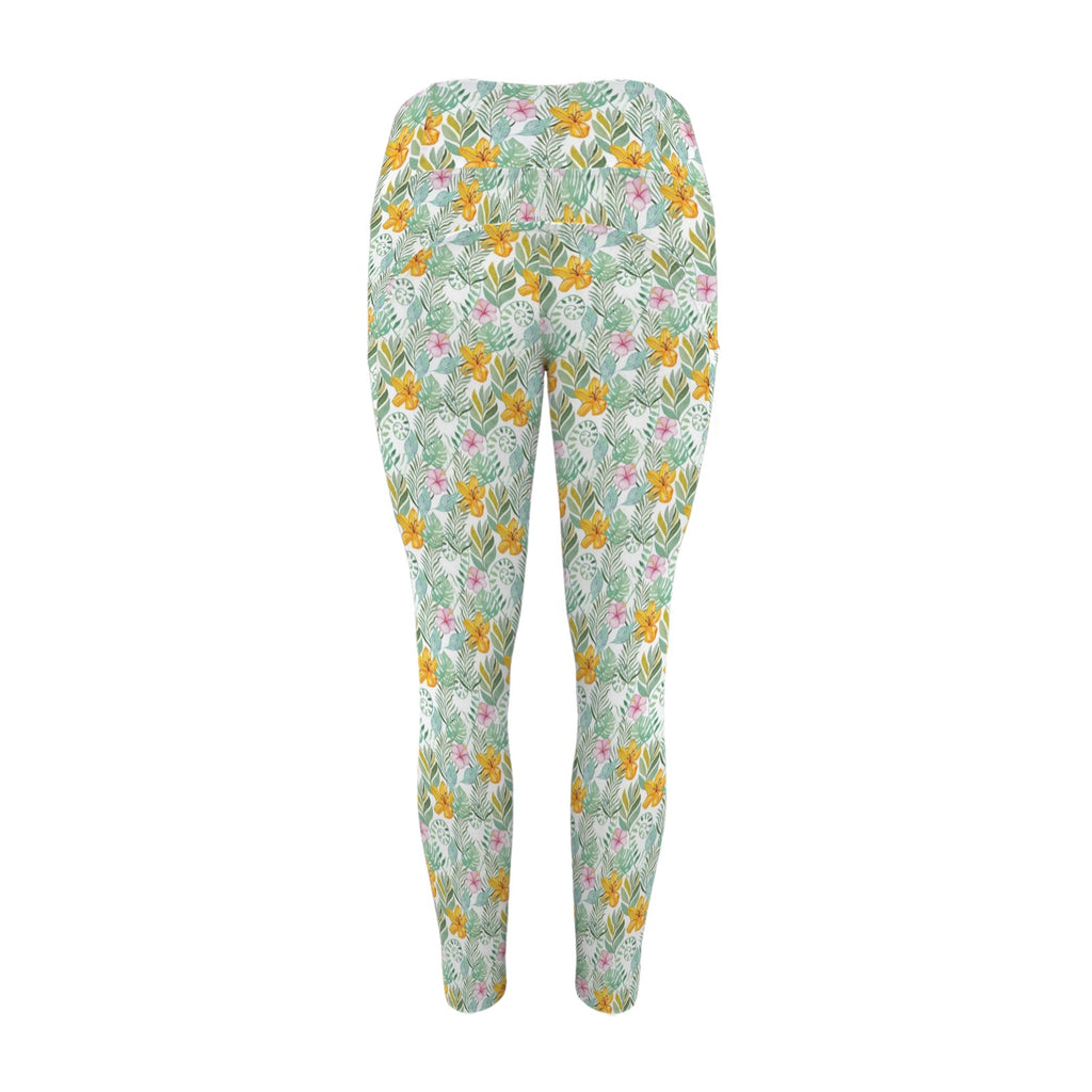Tropical Flowers And Leaves Women's High Waist Pockets Yoga Leggings Women's High Waist Pockets Yoga Leggings Plants Printed Offshore