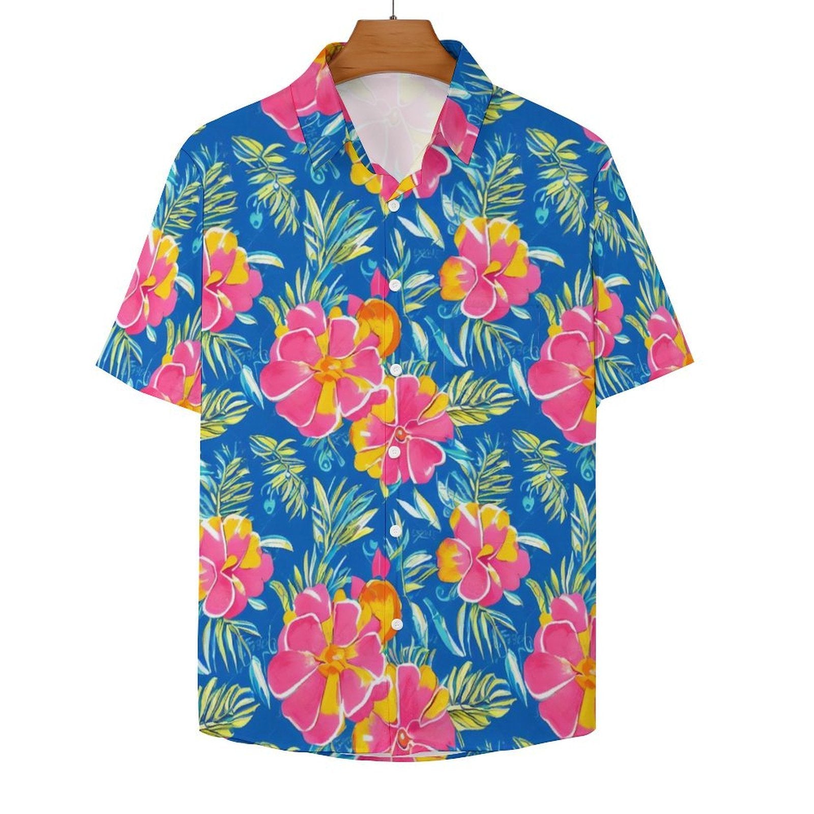 Pink And Blue Tropical Floral - Women's Short-Sleeve Button Up Shirt